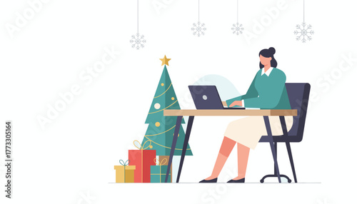 Businesswoman working on laptop at Christmas decorated desk Holiday work illustration