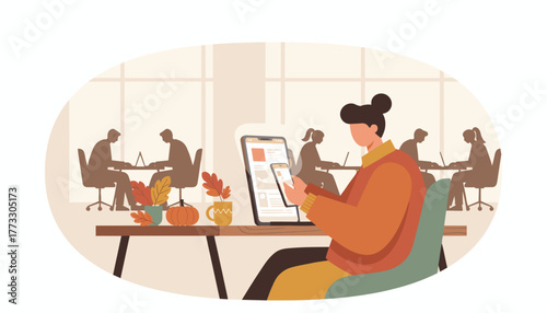 Modern office worker multitasking with mobile devices in an autumnthemed workspace