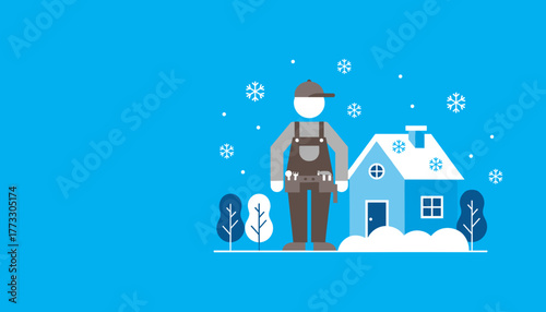 Handyman contractor standing by a snowy house in winter Professional home maintenance service illustration