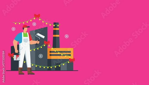 Painter decorating an industrial factory building for Christmas Holiday labor concept