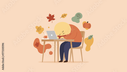 Character sleeping on laptop surrounded by cozy autumn leaves Work burnout or seasonal fatigue