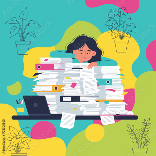 Overwhelmed woman exhausted by a massive stack of office paperwork and bureaucracy Stress concept