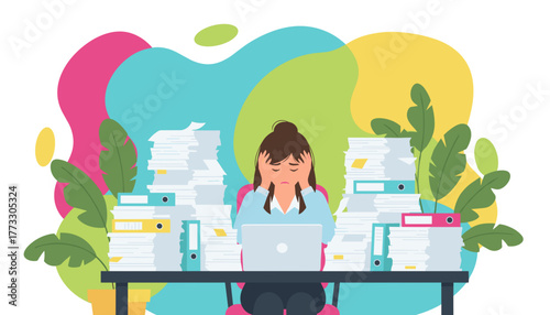 A stressed woman overwhelmed by huge piles of paperwork and files at her office desk Business burnout concept