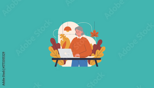 Senior woman works on laptop in a cozy autumn setting emphasizing remote learning or modern retirement