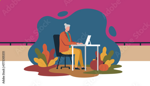 Senior adult working on a laptop outside during autumn Remote work and fall lifestyle