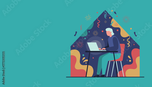 Remote work concept Person using laptop inside an abstract festive house illustration