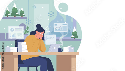 Overworked woman stressed by endofyear deadlines struggling with data charts during the snowy holidays