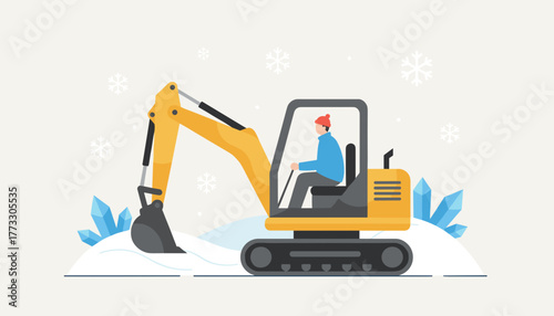 A worker operates a yellow excavator in a cold snowy winter environment Heavy machinery work
