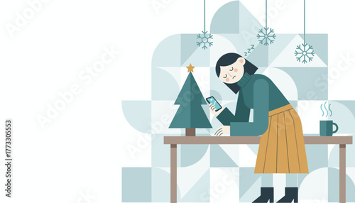 Tired woman checking phone near a Christmas tree feeling holiday burnout and stress