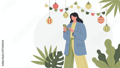 Woman texting on smartphone surrounded by festive ornaments and tropical leaves Digital communication