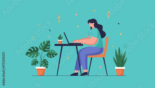 Woman remote working on laptop surrounded by plants Freelance cozy home office concept illustration