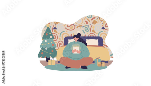 Woman reading next to a Christmas tree and gifts in a cozy bedroom Winter holidays concept