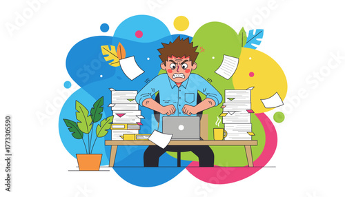 Stressed employee overwhelmed by excessive paperwork and deadlines Job burnout concept illustration
