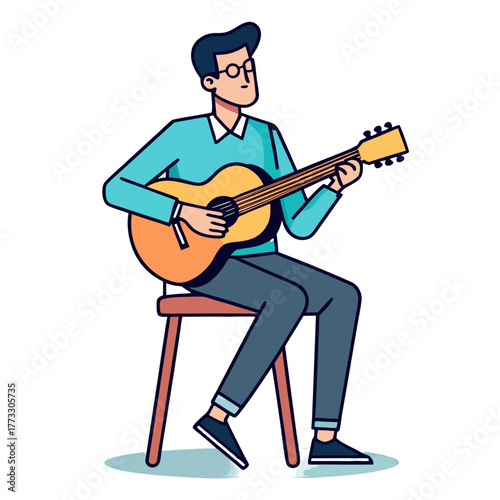 Man playing guitar while sitting on a chair in casual attire