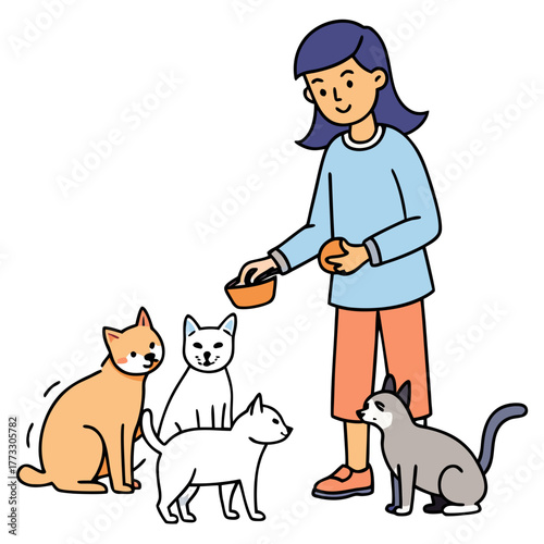 Woman feeding street cats with food in an orange bowl outdoors