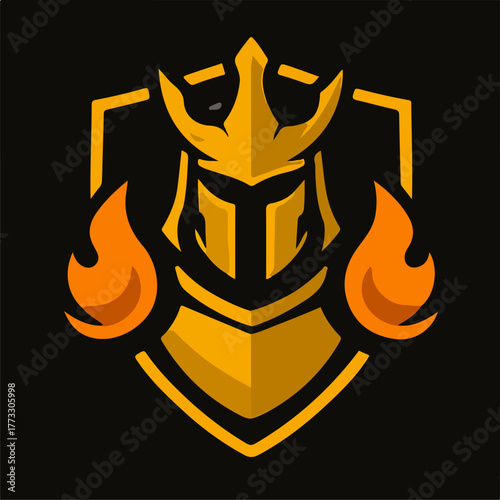 Flaming Crown Shield Gaming Emblem With Royal Helmet And Bright Orange Fire
