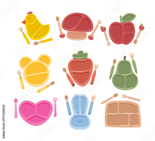 Set of kids tableware set collection. Baby cutlery silicone plate cartoon with fork and spoon, kitchen dish, animal and vegetable shape, dishware children feeding, eating toddler divider illustration