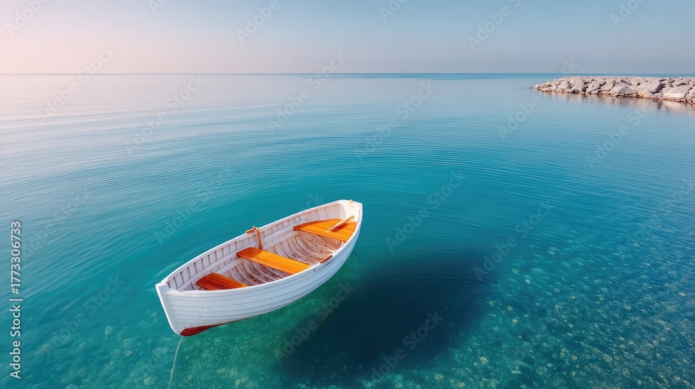 Fototapeta premium Tranquil White Rowboat Adrift on Crystal Clear Blue Water Under a Soft Sky
