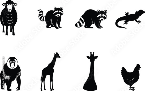 Animal silhouette bundle, black vector icons, jungle and farm creatures, wildlife shapes, bird reptile mammal set, isolated graphic pack