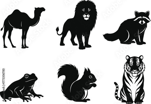 Animal silhouette bundle, black vector icons, jungle, desert, woodland creatures, side profile shapes, reptile mammal set, isolated graphic pack