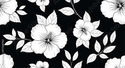 Black and white floral pattern, hibiscus flowers, leaf cluster design, line art style, decorative vector, elegant botanical illustration