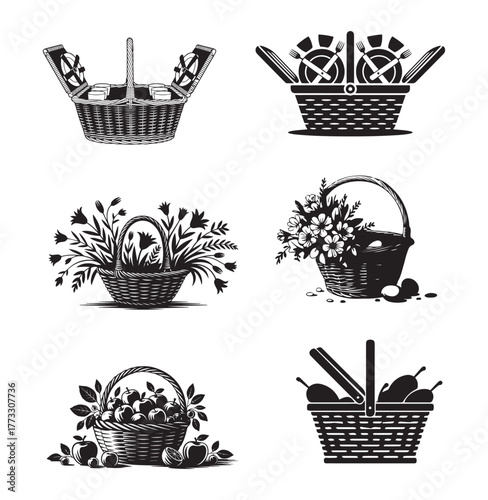 Wicker Basket Icons Set – Picnic, Flower, Fruit, Food, and Decorative Basket Designs.
