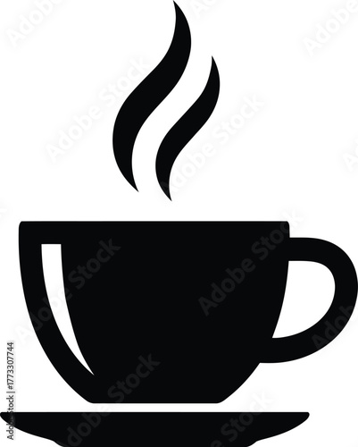 A simple black and white illustration of a steaming cup of coffee