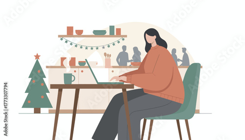 Remote working woman enjoying a cozy Christmas setting while typing on her laptop
