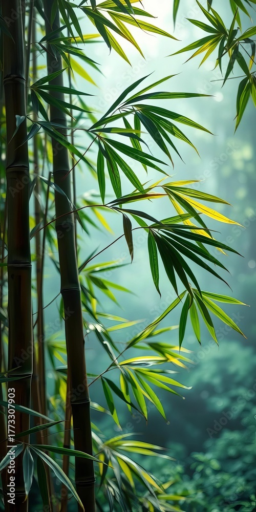 Naklejka premium Bamboo leaves gracefully sway in a misty, ethereal landscape, leaves, mist