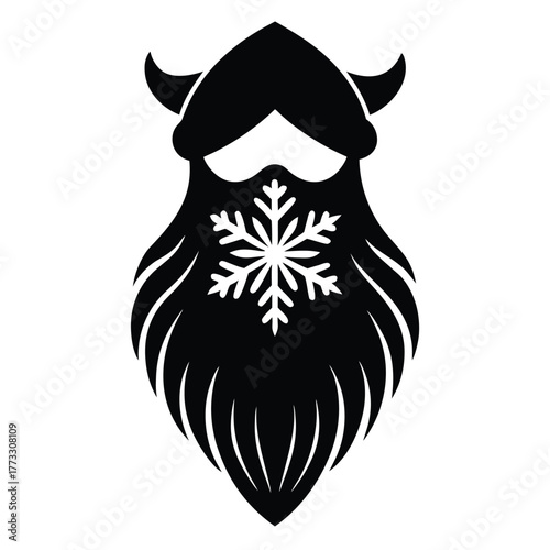 Black Silhouette of Viking Santa Claus with Horned Helmet and Snowflake Beard