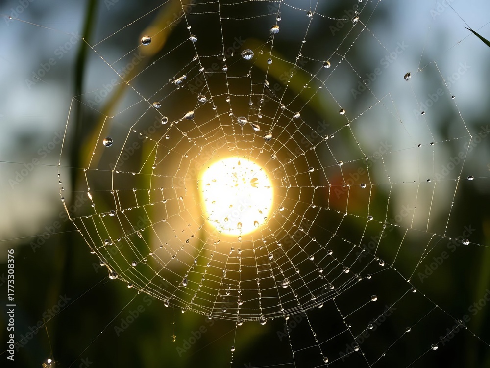 Naklejka premium Dewdrops sparkling on delicate spiderwebs in the early morning sun, outdoors, art