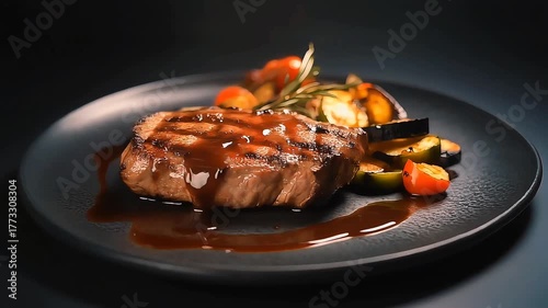 A perfectly grilled juicy beef steak served with a medley of roasted vegetables and a rich sauce