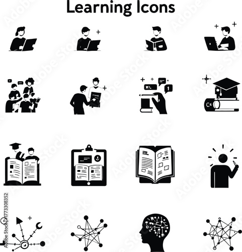 Collection of learning icons depicting education knowledge and intellectual development processes in black and white