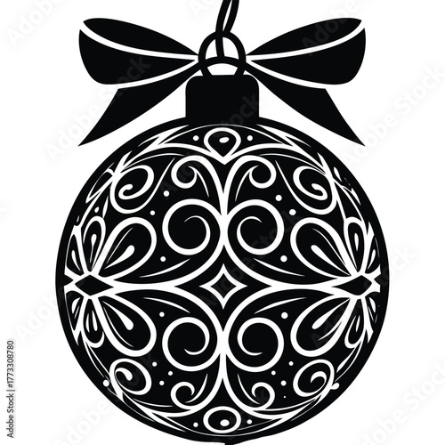 Elegant Christmas Ornament with Intricate Swirls and a Bow in Black and White