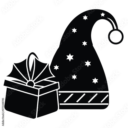 Festive Black and White Christmas Gift and Starry Hat Illustration Design
