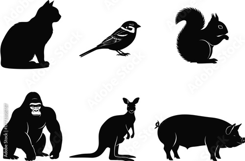 Animal silhouette set, domestic and wild species, black vector icons, nature wildlife shapes, isolated design elements for creative illustration