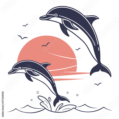 Two dolphins jumping at sunset