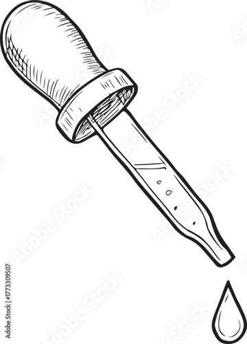 Hand drawn illustration of a dropper dispensing a single drop of liquid.