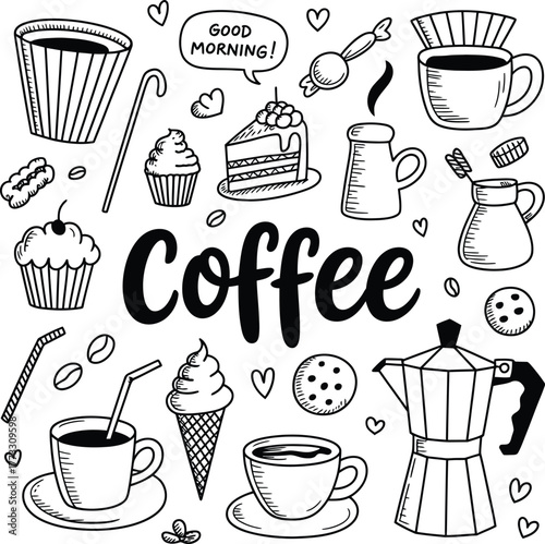 Doodle art featuring coffee text surrounded by coffee related items and sweets in black and white