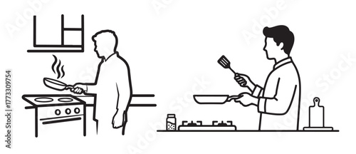 Line person cooking at stove and another person holding frying pan with spatula, depicting home cooking and culinary activities