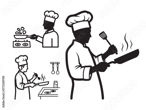 Collection stylized illustrations depicting chefs in various cooking actions, including frying and preparing food in kitchen setting