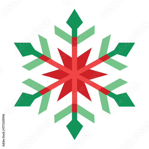 Geometric snowflake illustration in festive red and green colors on white background