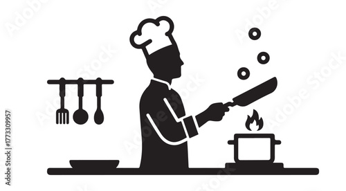 Silhouette chef in uniform cooking with pan over pot on stove, with steam and bubbles, kitchen utensils visible in