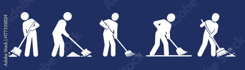 Five silhouette icons on dark blue illustrating the progressive steps person sweeping the floor with broom, from start to finish