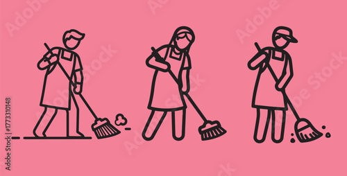 Three stylized line icons people, two women and one man, wearing aprons and sweeping with brooms, presented in simple, clean outline style on pink