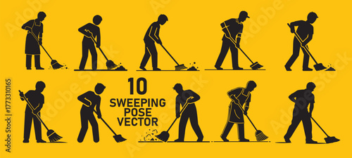 Collection 10 silhouette illustrations people sweeping with brooms in various poses against bright yellow, showcasing different movements and stances for cleaning tasks