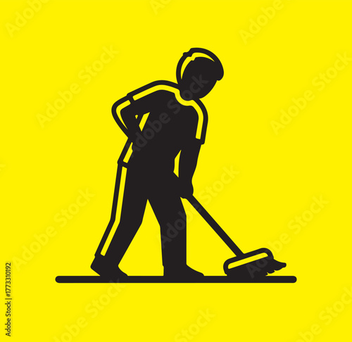 Silhouette person sweeping with broom on bright yellow, representing cleaning, chores, and household tasks