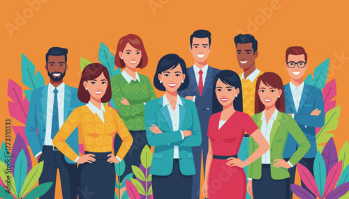 Diverse confident professional business team smiling Unity success and collaboration concept illustration