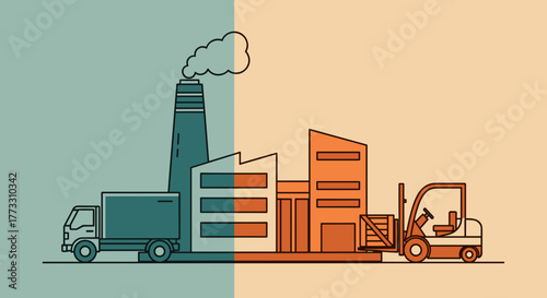 Outline illustration of manufacturing facility warehouse truck and forklift Global logistics concept