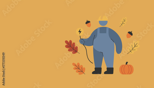 Electrician character illustration surrounded by autumnal leaves and pumpkin